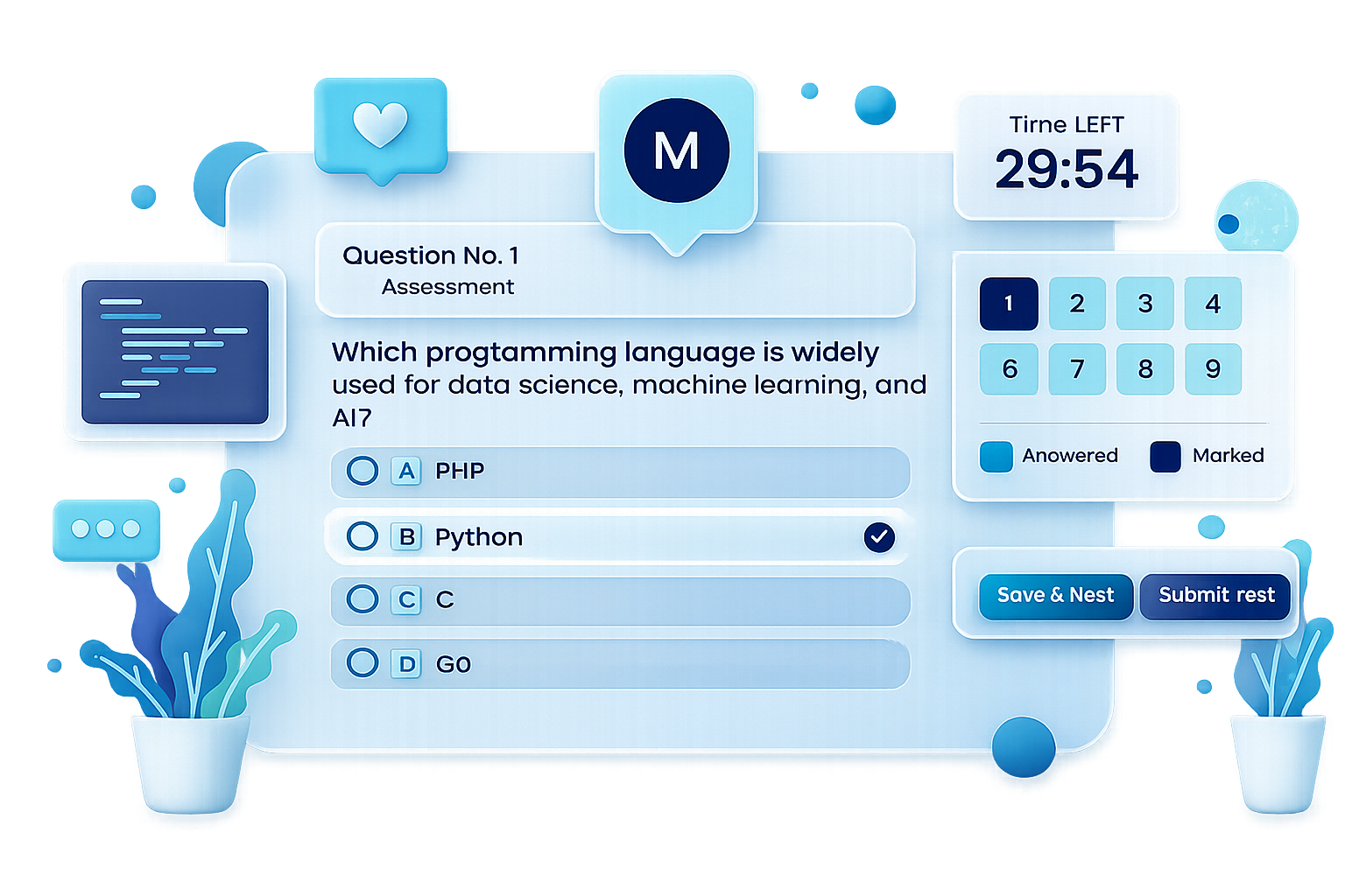 Live mock test interface showing a C# assessment question with answer options and a timer